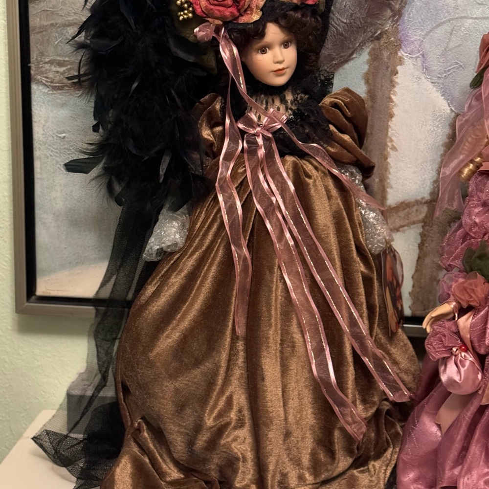 Collectors Large Elegant Porcelain Doll in Brown Velvet Dress